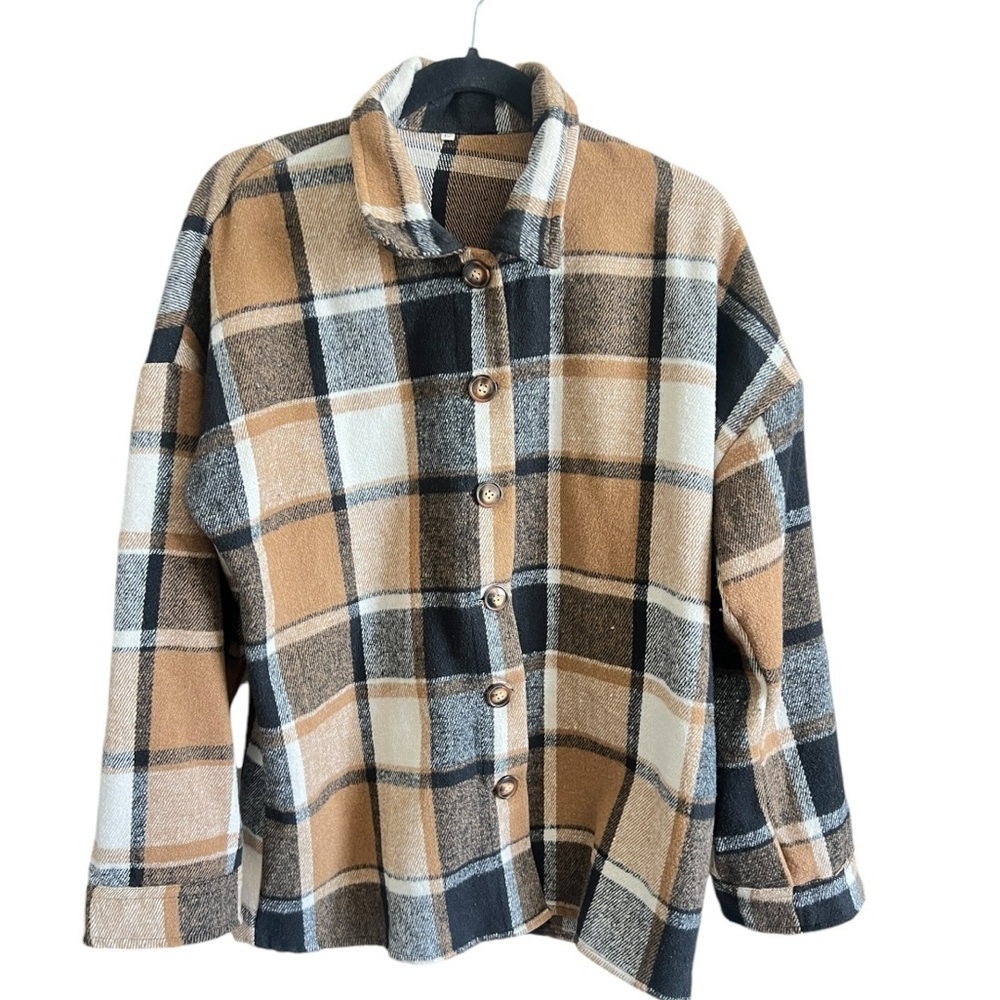 Tan and black plaid flannel button up shirt